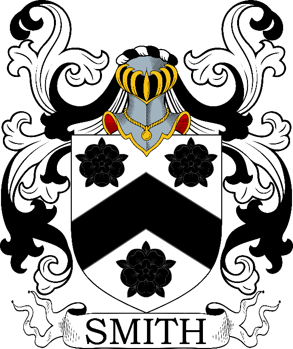 A black and white coat of arms with a helmet and flowers

Description automatically generated