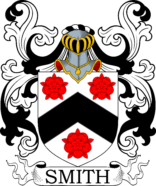 A black and white coat of arms with a helmet and red flowers

Description automatically generated