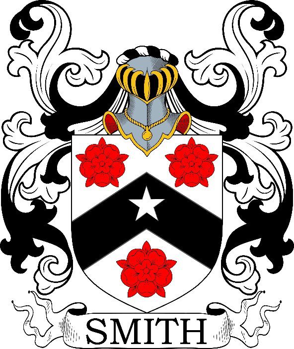 A black and white coat of arms with a helmet and red flowers

Description automatically generated