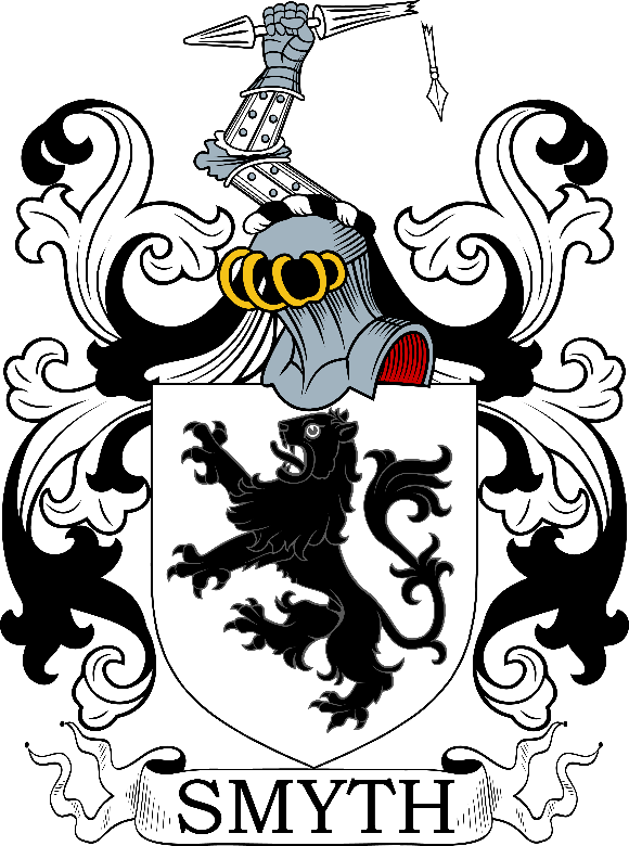 A black and white coat of arms with a lion and sword

Description automatically generated