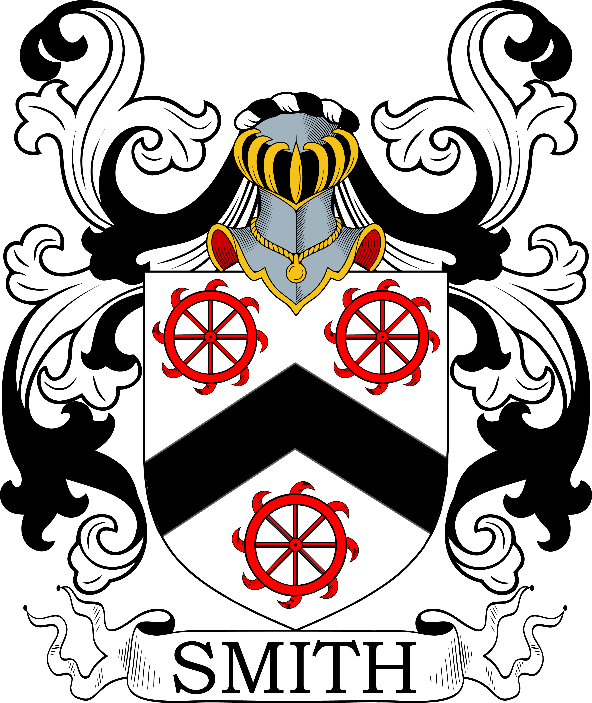 A black and white coat of arms with red wheels

Description automatically generated